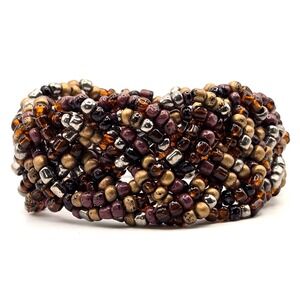 Earth Tone Woven Beaded Stretch Bracelet Gold Silver Amber Burgundy Braided